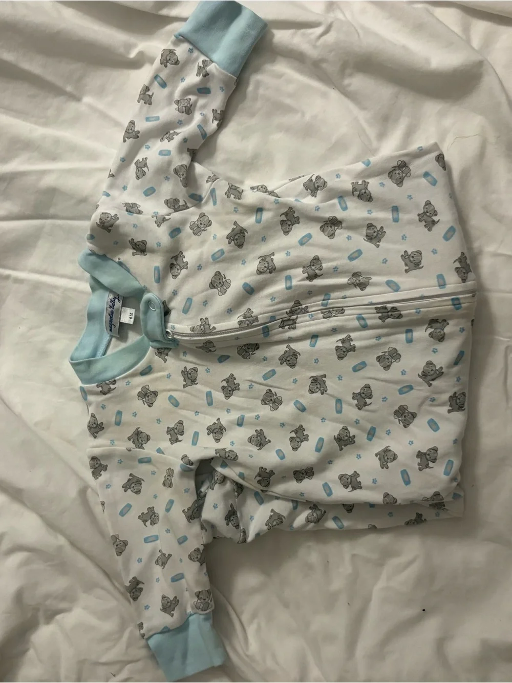 Magnolia Baby White Sleep Zip Romper with Light Blue Trim puppy 6 months